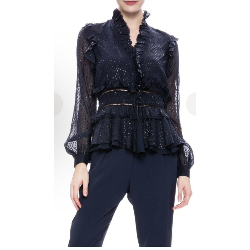 Jonathan Simkhai Metallic Chiffon V Neck Ruffle Blouse Navy Blue Size M